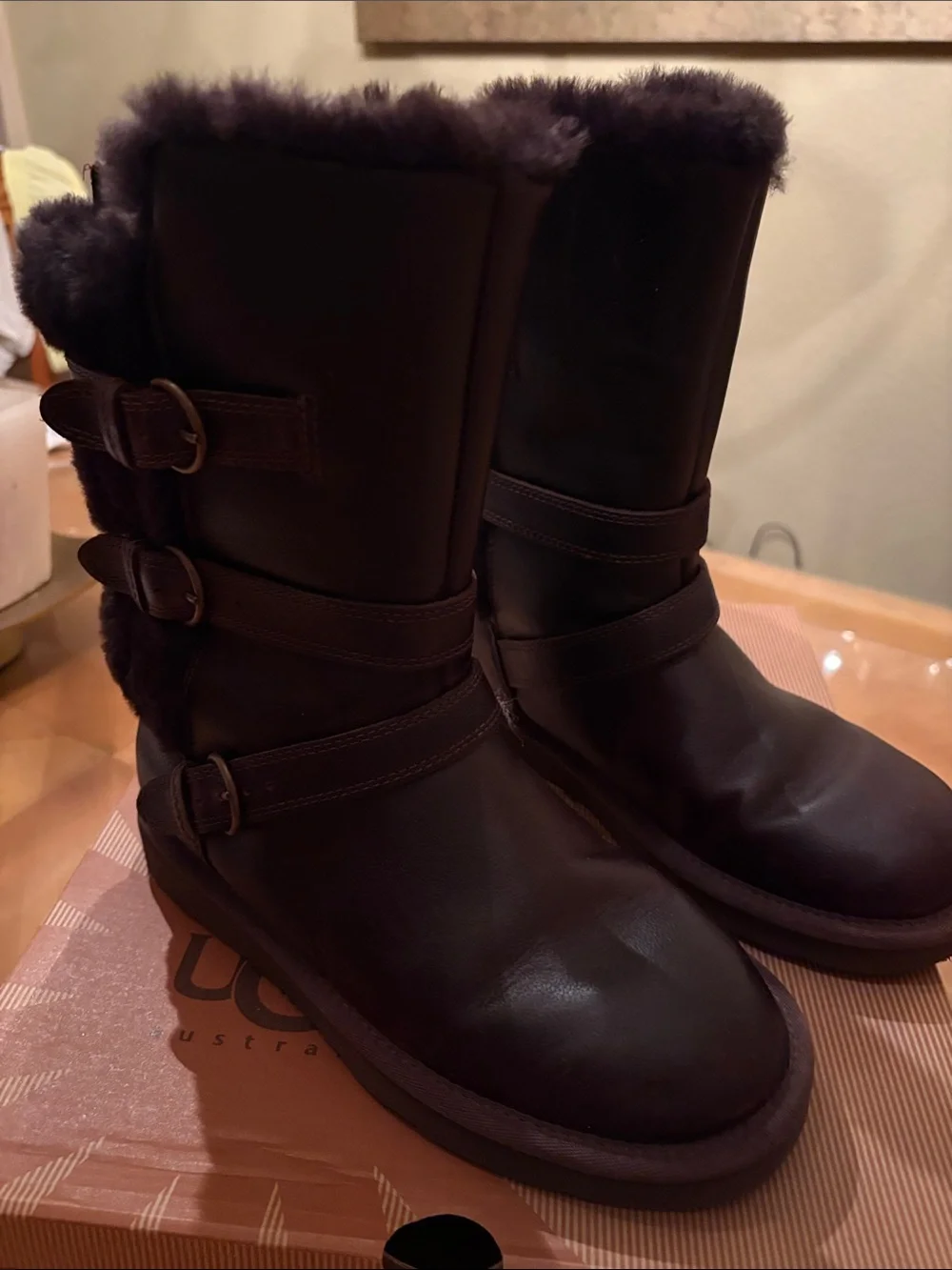 UGG Dark Brown Shearling-Trim Buckle Winter Boots